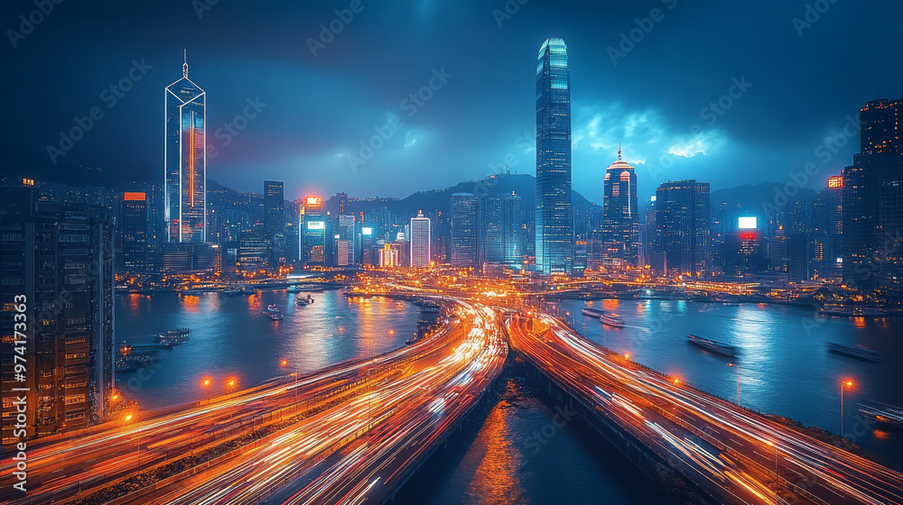 Fototapeta premium A panoramic view of a bustling city skyline at night with illuminated skyscrapers,