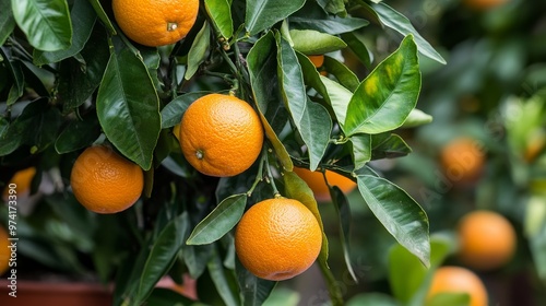 Fresh oranges hanging on a vibrant green tree, showcasing nature's bounty in a sunny environment for healthy living.