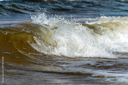 Fototapeta Naklejka Na Ścianę i Meble -  seascape, storm at sea, white waves crashing against the shore, Baltic Sea coast, Latvia