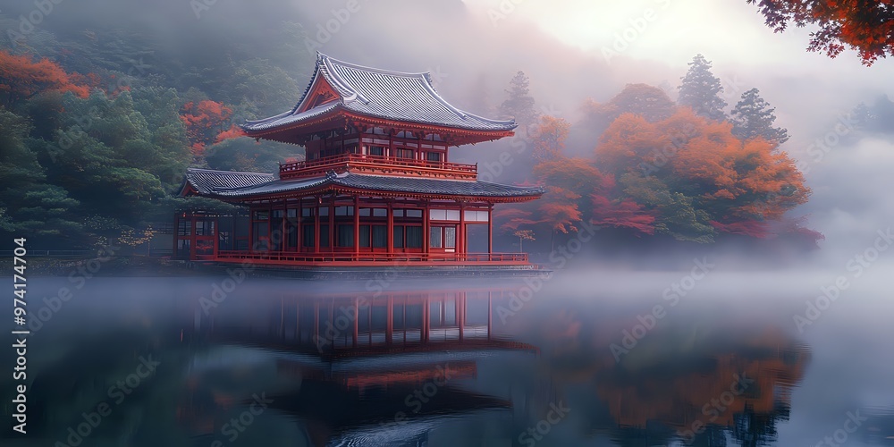 Tranquil red pagoda reflected in a still lake surrounded by misty mountains. Tranquil red pagoda reflected in a still lake surrounded by misty mountains.