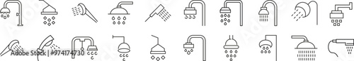 Collection of Icons of Shower for Shops and Stores. Suitable for books, stores, shops. Editable stroke in minimalistic outline style. Symbol for design