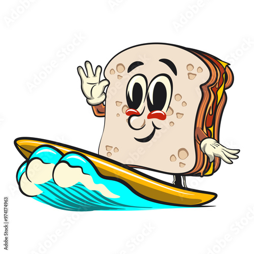 Canvas Print sandwich bread cartoon character mascot retro vector design surfing happily, wor