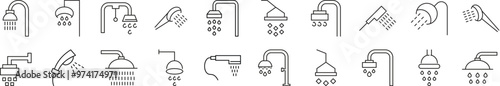 Collection of Line Signs of Shower. Suitable for books, stores, shops. Editable stroke in minimalistic outline style. Symbol for design