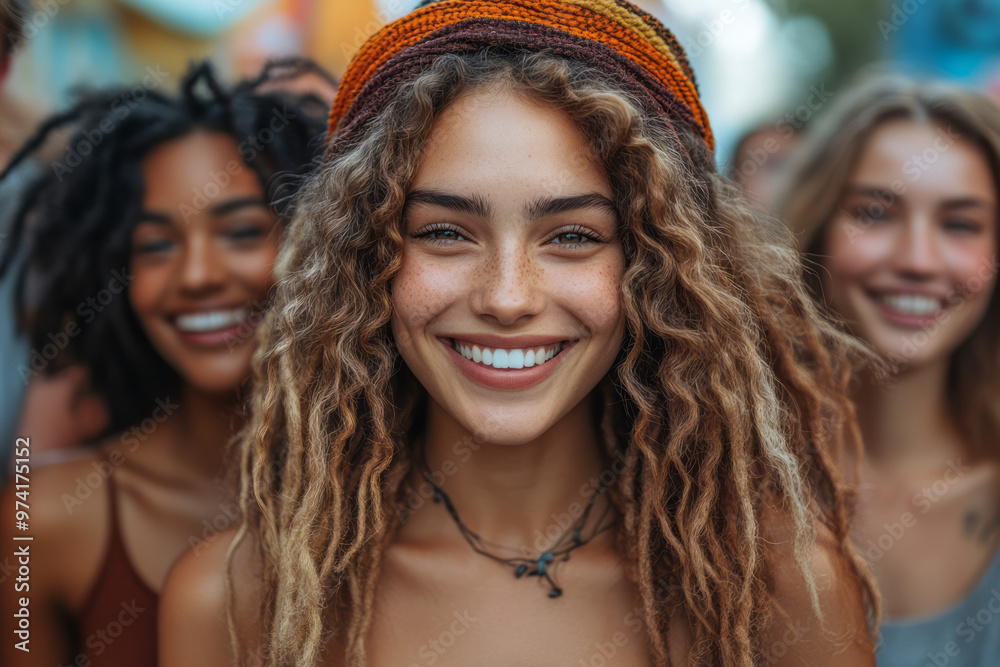 A multicultural group of friends laughing and embracing,