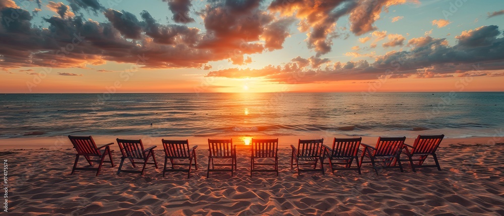 Obraz premium Empty chairs on sandy beach at sunrise or sunset - relaxation concept