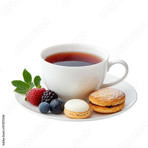 A cup of tea served with fresh berries and delicious cookies, perfect for a cozy afternoon snack.