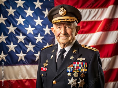 Elderly military officer proudly wearing formal uniform adorned with multiple five-pointed gold stars, medals, and photo