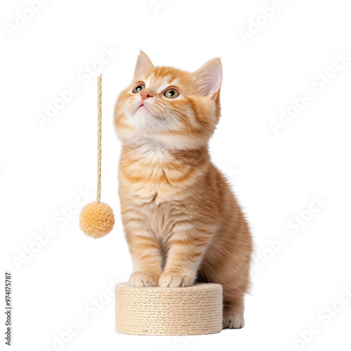 A playful orange kitten perched on a scratching post, curiously gazing at a hanging toy, showcasing its adorable personality. photo