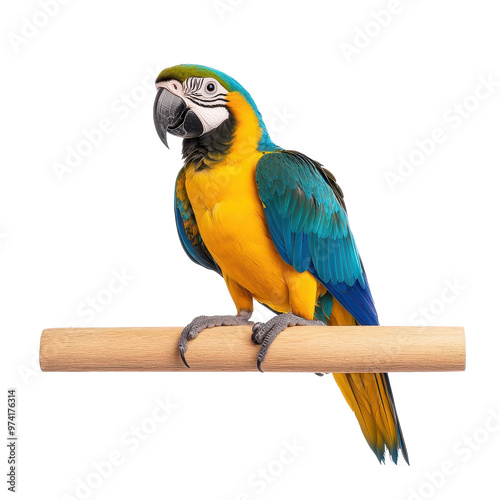 A vibrant macaw perched on a wooden branch, showcasing its stunning blue and yellow feathers in a captivating pose.