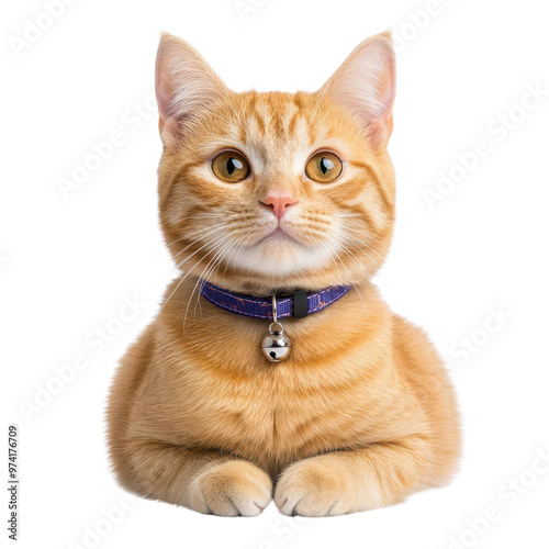 Charming orange cat with bright eyes and a collar, sitting elegantly, perfect for pet-themed designs and marketing.