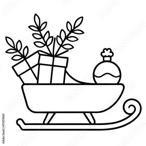 sledge with christmas presents twigs outline coloring book page line art drawing
