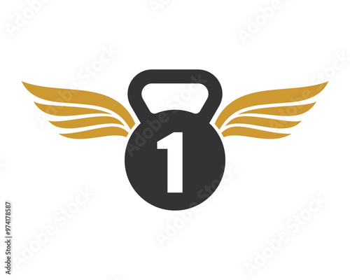 Flying gym kettle bell with number 1 vector logo