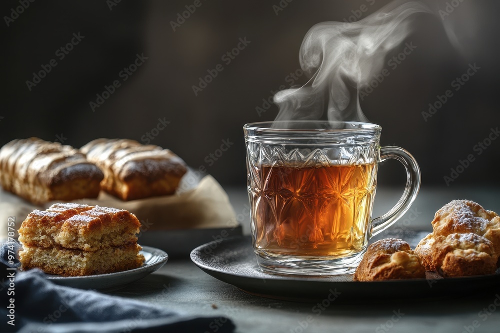 A cozy scene featuring a steaming cup of tea alongside various baked goods. A cozy scene featuring a steaming cup of tea alongside various baked goods.