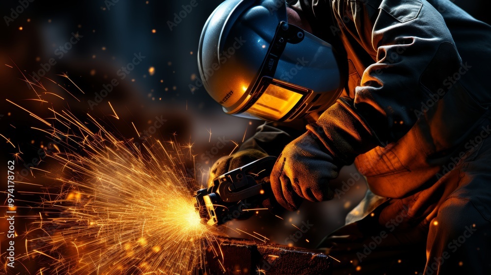 A man hammers a nail, symbolizing power and danger with sparks flying from the forceful strike A man hammers a nail, symbolizing power and danger with sparks flying from the forceful strike