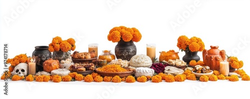 Day of the Dead Altar with Marigolds  Skulls  Candles  and Traditional Mexican Food