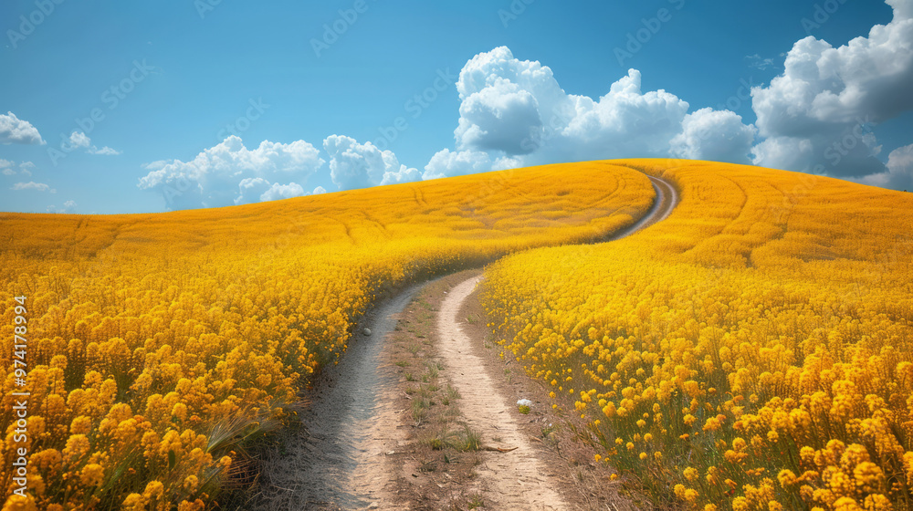 A field of golden rapeseed stretching to the horizon under a deep blue sky, A field of golden rapeseed stretching to the horizon under a deep blue sky,