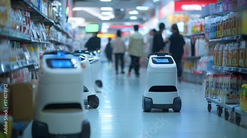 A bustling marketplace where blockchain ensures secure payments, and IoT-powered robots assist customers with their shopping