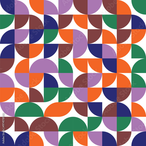 Colorful Geometric Seamless Pattern - Retro Abstract Shapes and Circles Design