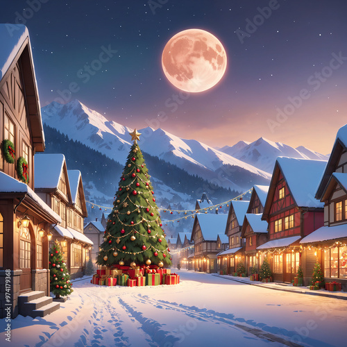 A boy and girl in a festive winter evening in a charming village with holiday lights and snow under a full moon.