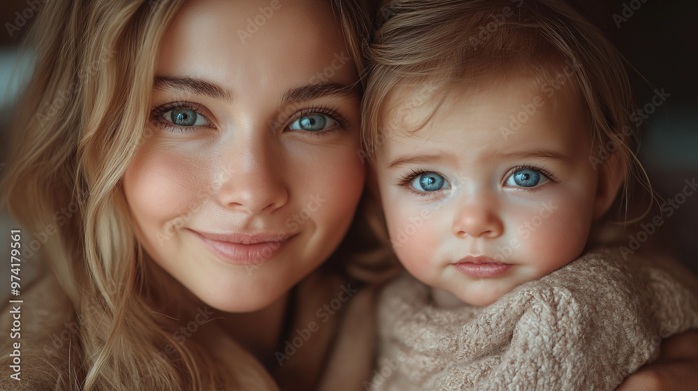 Portrait of a mother with her baby at home. Happy child near to mum in her room. Portrait of a mother with her baby. Portrait of a mother with her baby at home. Happy child near to mum in her room. Portrait of a mother with her baby.