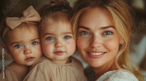 Young beautiful mother holds a baby. Little sister kisses her little sister. Baby. Children bedroom. Cozy.