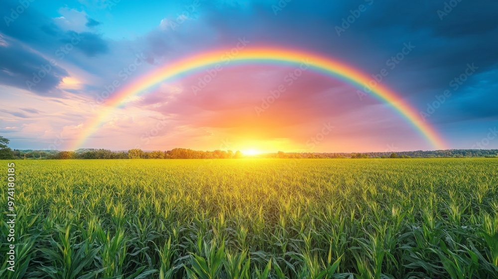 Serene Meadow with Rainbow Over Fresh Green Grass After Rain Shower Serene Meadow with Rainbow Over Fresh Green Grass After Rain Shower