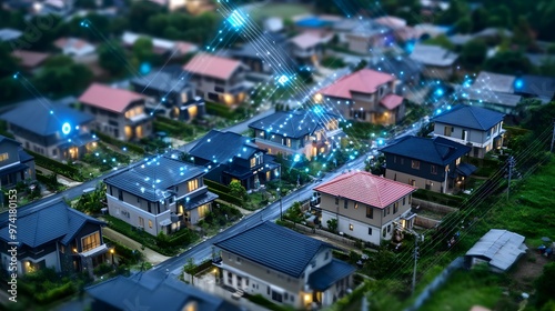 A tech-driven residential area where blockchain secures homes, and IoT devices provide seamless integration of smart home technologies