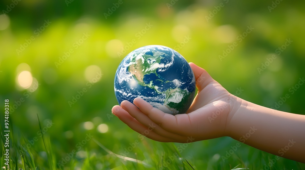 Earth Resting in a Child’s Hand: A small child's hand gently holding the Earth, with a blurred green field in the background, symbolizing the future.
Earth Resting in a Child’s Hand: A small child's hand gently holding the Earth, with a blurred green field in the background, symbolizing the future.