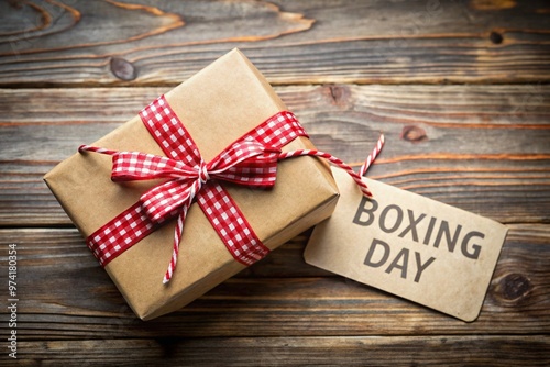 Gift box and tag with a text boxing day, on wooden background