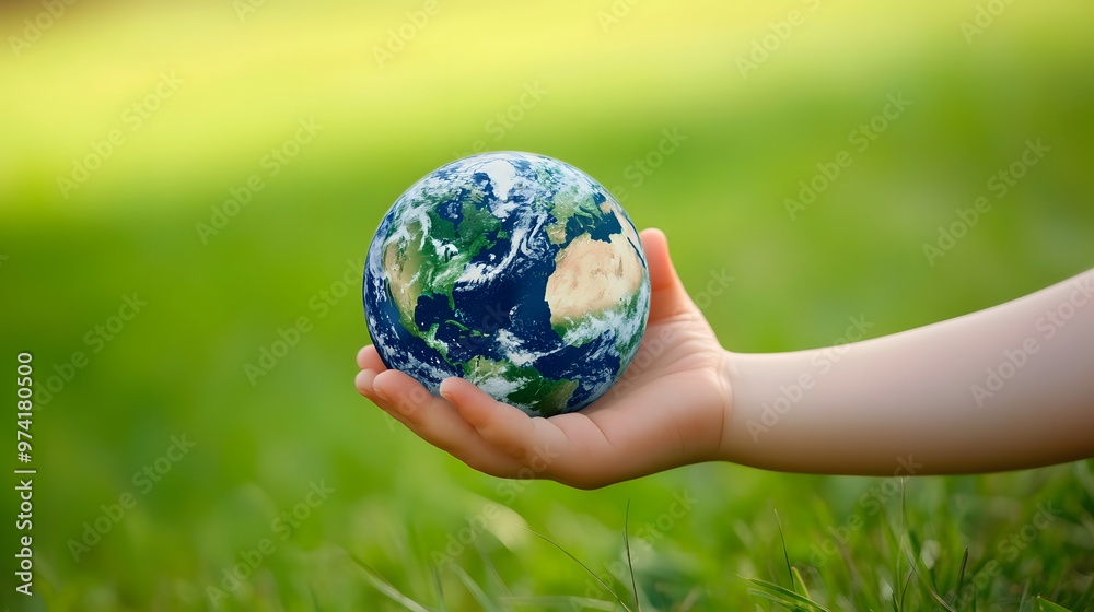 Earth Resting in a Child’s Hand: A small child's hand gently holding the Earth, with a blurred green field in the background, symbolizing the future.
Earth Resting in a Child’s Hand: A small child's hand gently holding the Earth, with a blurred green field in the background, symbolizing the future.