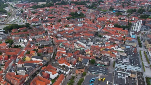 Aerial panorama view around the old town of the city Randers on a sunny summer day in the Denmark photo