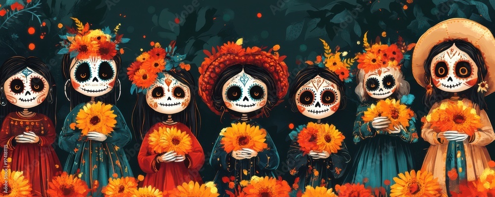 Day of the Dead Sugar Skulls with Flowers Illustration Day of the Dead Sugar Skulls with Flowers Illustration