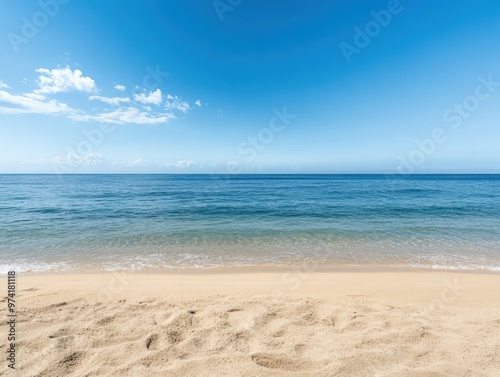 An empty beach scene with a calm sea and open sky offers a serene natural backdrop. 