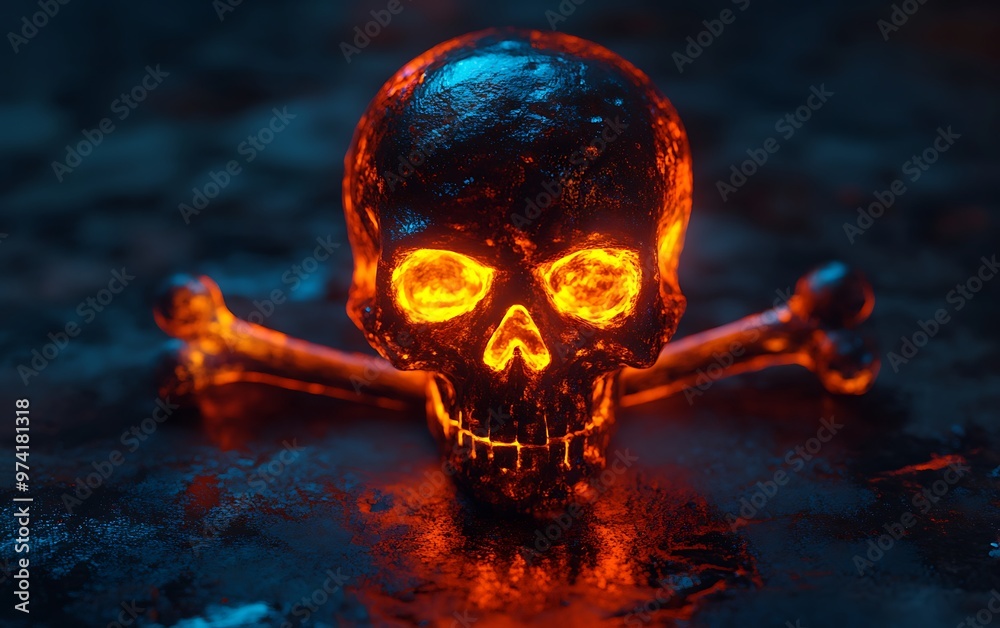 Eerie Glowing Skull and Crossbones Warning of Toxicity in Dark Room Eerie Glowing Skull and Crossbones Warning of Toxicity in Dark Room