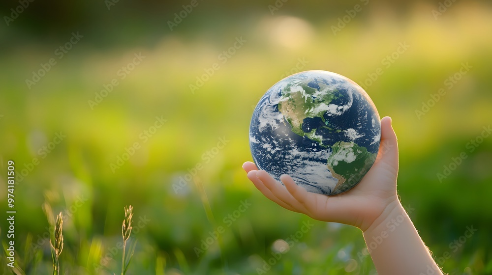 Earth Resting in a Child’s Hand: A small child's hand gently holding the Earth, with a blurred green field in the background, symbolizing the future.
Earth Resting in a Child’s Hand: A small child's hand gently holding the Earth, with a blurred green field in the background, symbolizing the future.