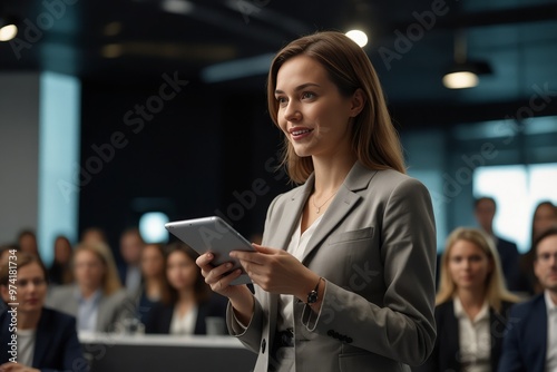 Tech startup leader using convention as platform to offer latest AI services. Businesswoman holding tablet uses microphone