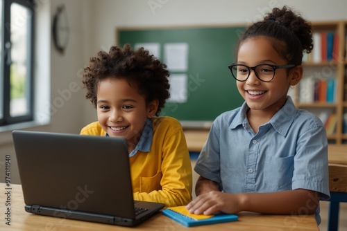 Two happy multiethnic kids of primary school using laptop together having fun in lesson at school