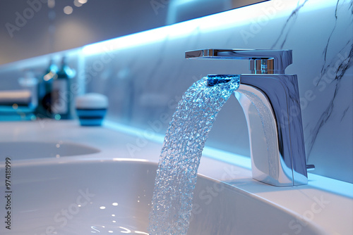 Modern chrome bathroom faucet with water flowing into a white sink, set against a marble wall and illuminated by blue LED lighting for a sleek and contemporary look