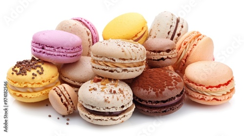 A row of colorful macaroons with different flavors. A sweet treat, a type of almond cookie in close-up.