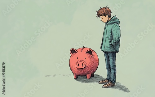 Financial Despair - Sad Person Standing by Empty Piggy Bank in Muted Colors