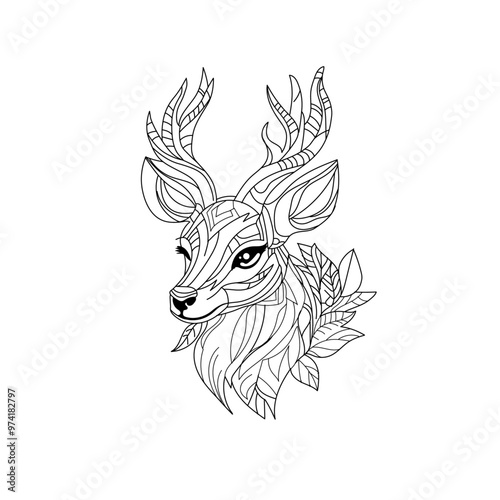Hand drawn deer illustration for coloring book or page.
