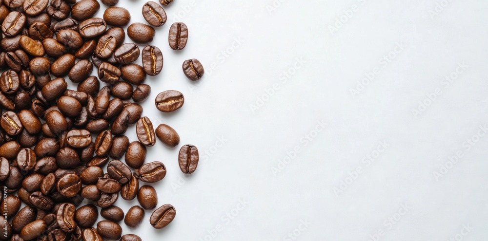 A flat lay of coffee beans arranged on one side of a light-colored table creates ample room for text in the middle