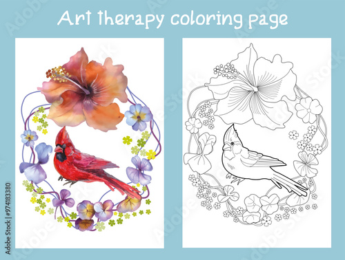 Art therapy coloring page. Coloring book antistress for children and adults. Birds and flowers hand drawn in vintage style . Ideal for those who want to feel more connected to nature.
