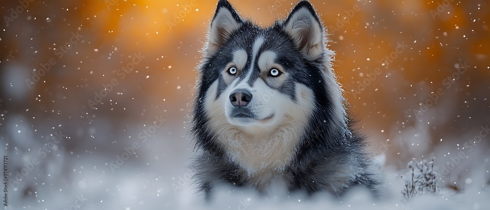 A majestic husky in a snowy landscape with a warm background glow.