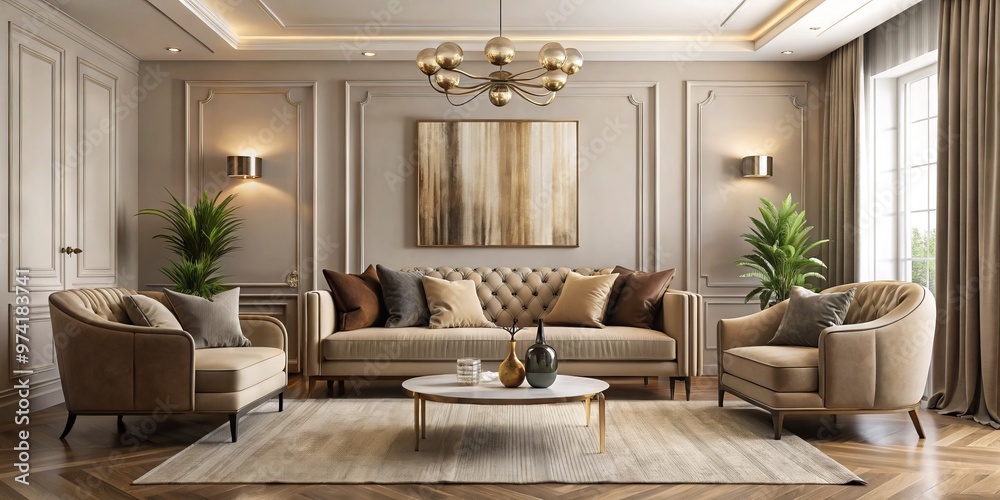 Elegant living room with beige walls, velvet sofa, and minimalist decor, showcasing sophisticated and refined interior Elegant living room with beige walls, velvet sofa, and minimalist decor, showcasing sophisticated and refined interior
