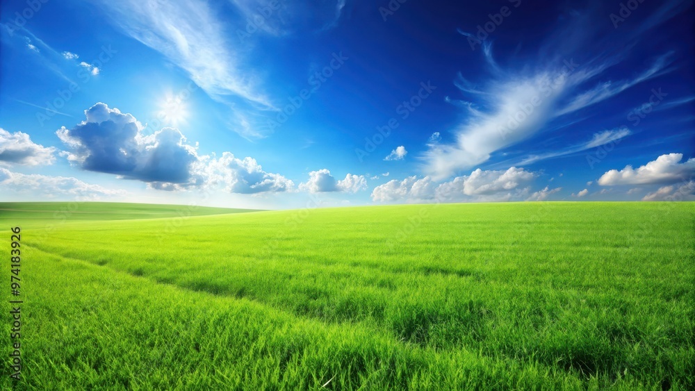 Vibrant green grass field with clear blue sky background Vibrant green grass field with clear blue sky background