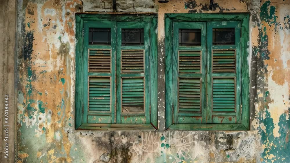 Old weathered building with peeling paint and rustic green shutters in an abandoned urban area Old weathered building with peeling paint and rustic green shutters in an abandoned urban area