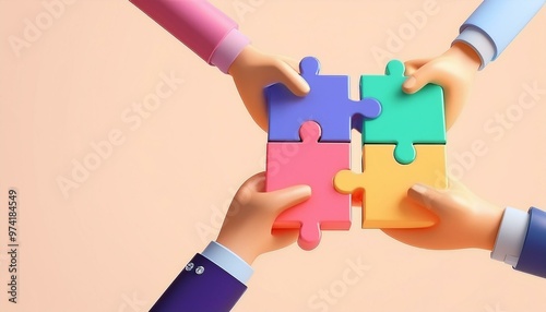 Collaborative teamwork concept, individuals connecting puzzle pieces, symbolizing productive unity and cooperation, demonstrating problem-solving and goal achievement through effective communication a