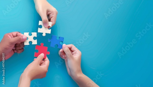 Collaborative teamwork concept, individuals connecting puzzle pieces, symbolizing productive unity and cooperation, demonstrating problem-solving and goal achievement through effective communication a