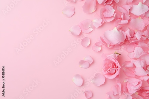 A light pink pastel background features scattered petals on one side